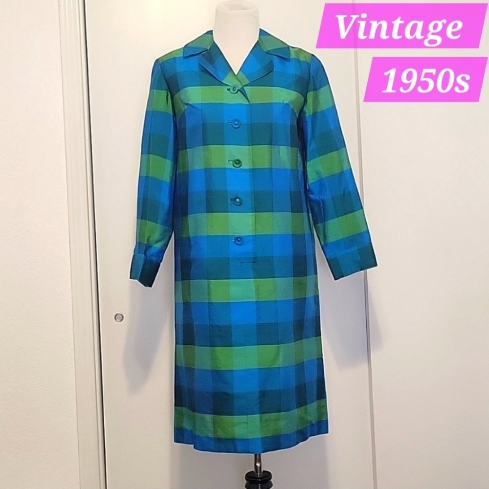 Vintage 1950s 1960s Silk Shantung Plaid Shirt Dress Mod Mad Men